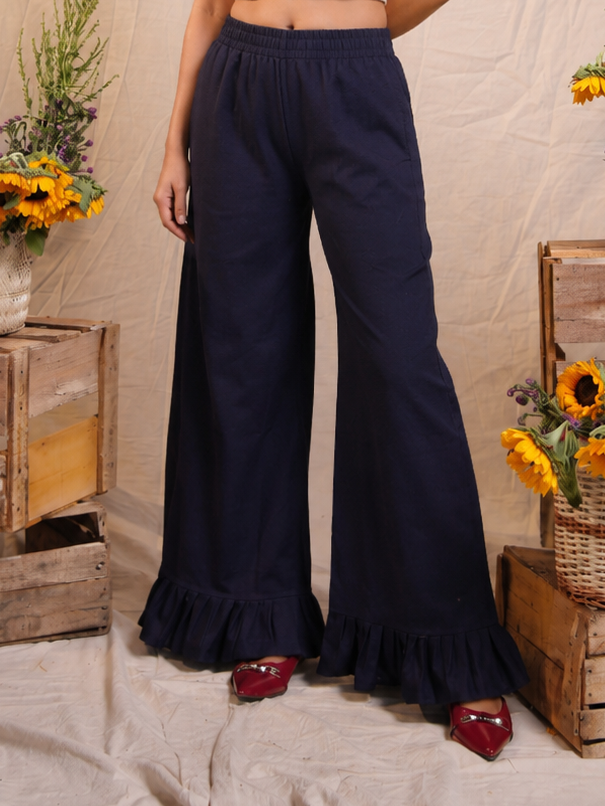 Navy Ruffle Cotton Pants