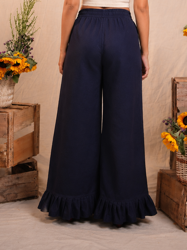 Navy Ruffle Cotton Pants