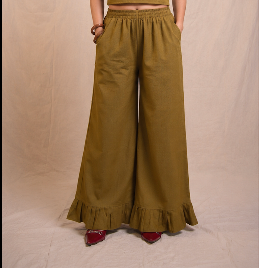 Olive Ruffle Cotton Pants